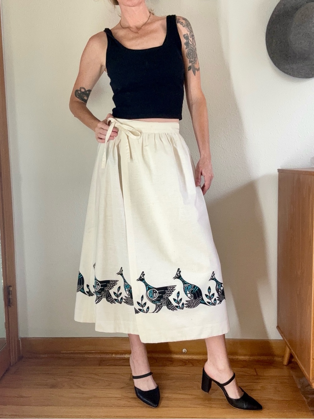 Handmade Vintage Southwestern Midi Wrap Skirt 27” Pueblo Bird Cream Boho Natural